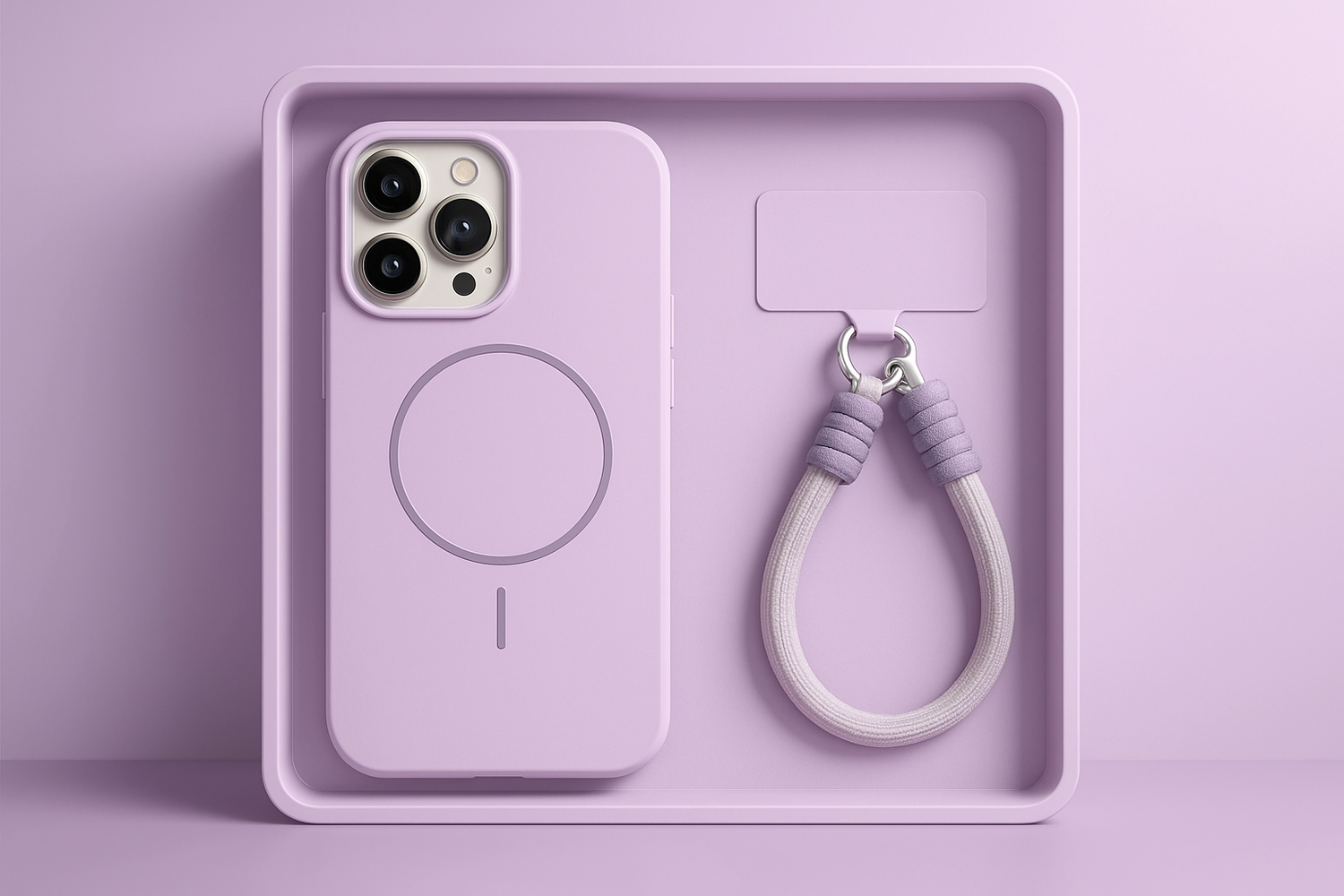 3D rendered lavender iPhone case and lanyard in upright position