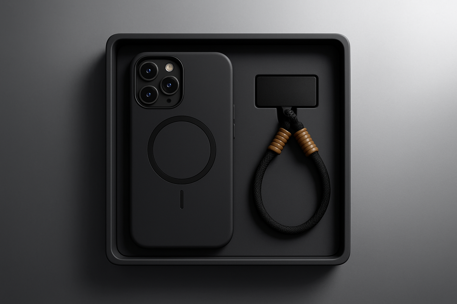 3D rendered black iPhone case and lanyard in upright position