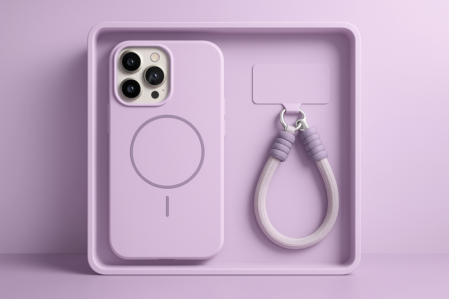 3D rendered lavender iPhone case and lanyard in upright position